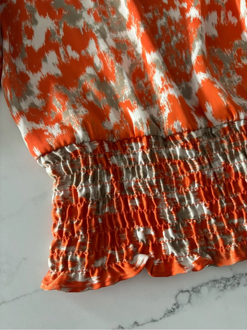 Michael Kors Orange Patterned Long-Sleeve Smocked Blouse